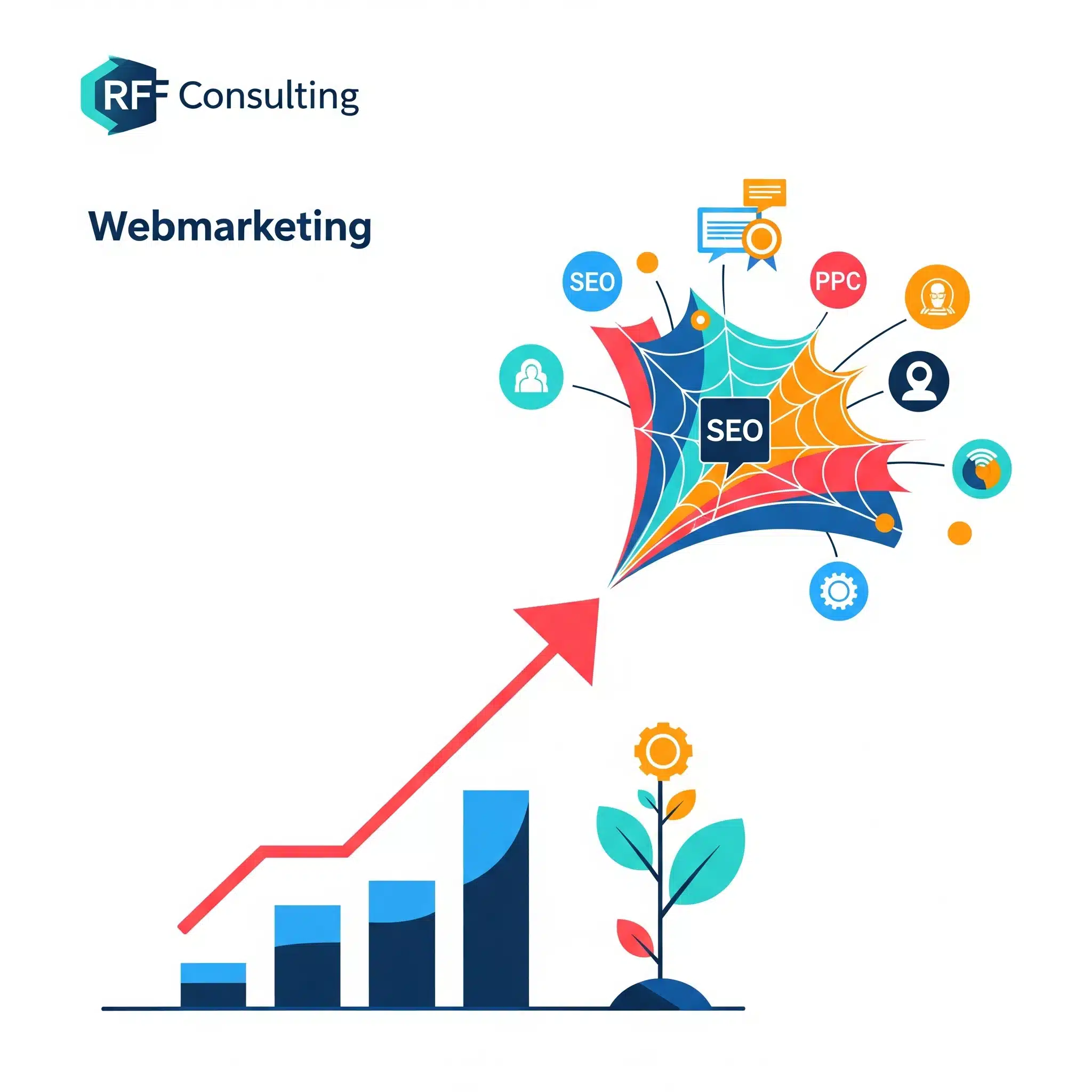Concept de croissance numérique avec icônes de SEO et réseaux sociaux, pour une agence webmarketing spécialisée hôtel.