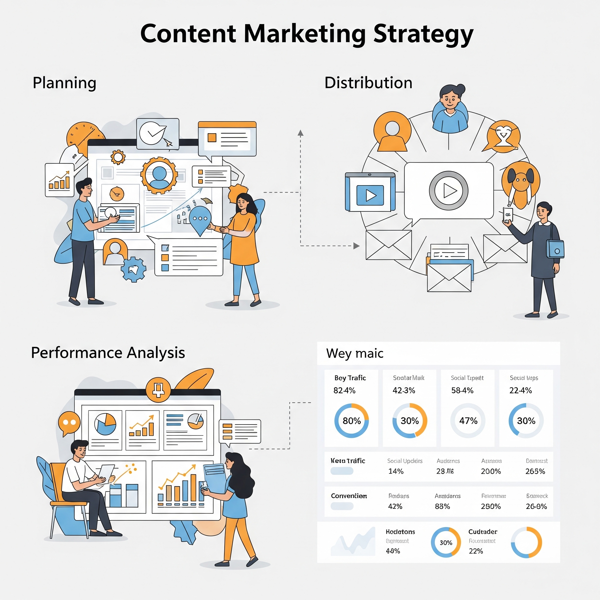 Marketing de contenu hôtelier et création Écran d'ordinateur avec divers icônes de contenu (blog, vidéo, image), illustrant la création de marketing de contenu pour hôtels