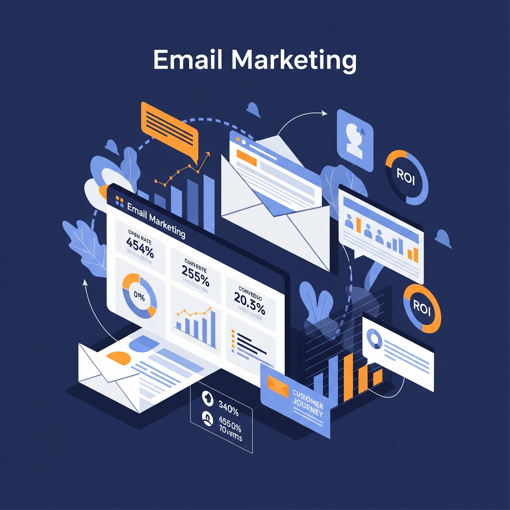 Email marketing hôtelier personnalisé Représentation d'une campagne d'email marketing avec des icônes d'enveloppes et de messages personnalisés pour des clients d'hôtel