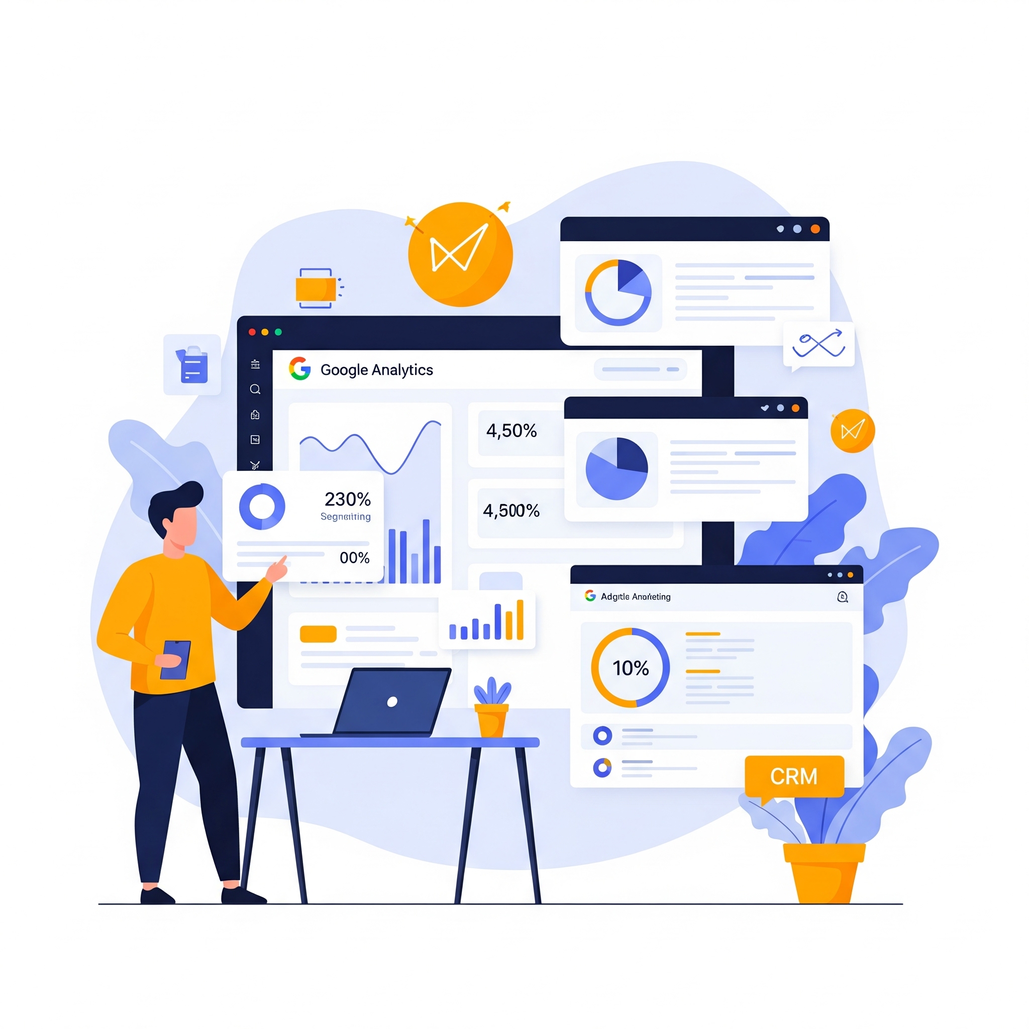Data marketing hôtelier et prise de décision Main interagissant avec une interface d'analyse de données (type Google Analytics ou CRM), symbolisant la prise de décision stratégique pour un hôtel