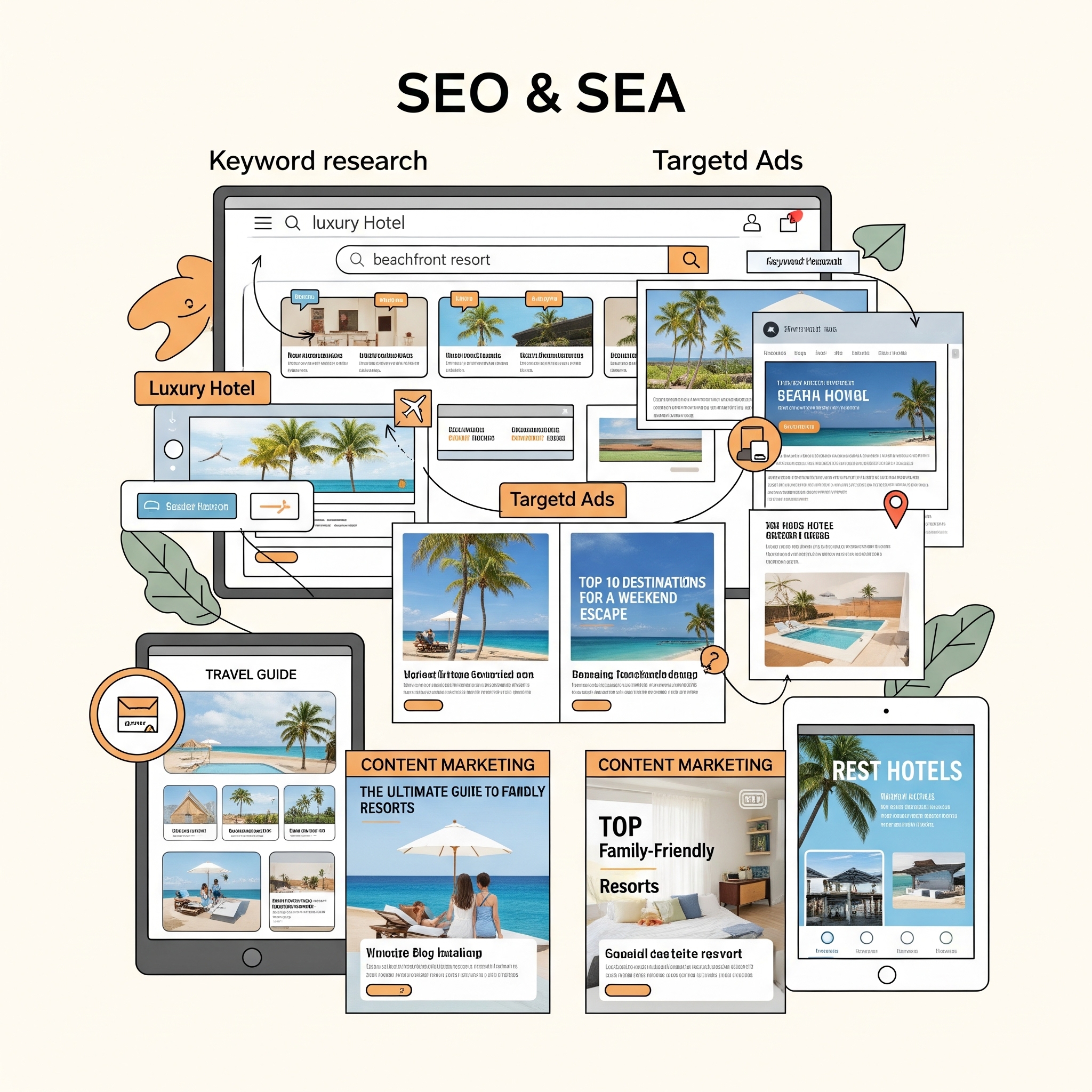 Stratégies SEO SEA et contenu pour hôtels Graphiques et icônes représentant le référencement naturel (SEO), la publicité payante (SEA) et le marketing de contenu pour hôtels.