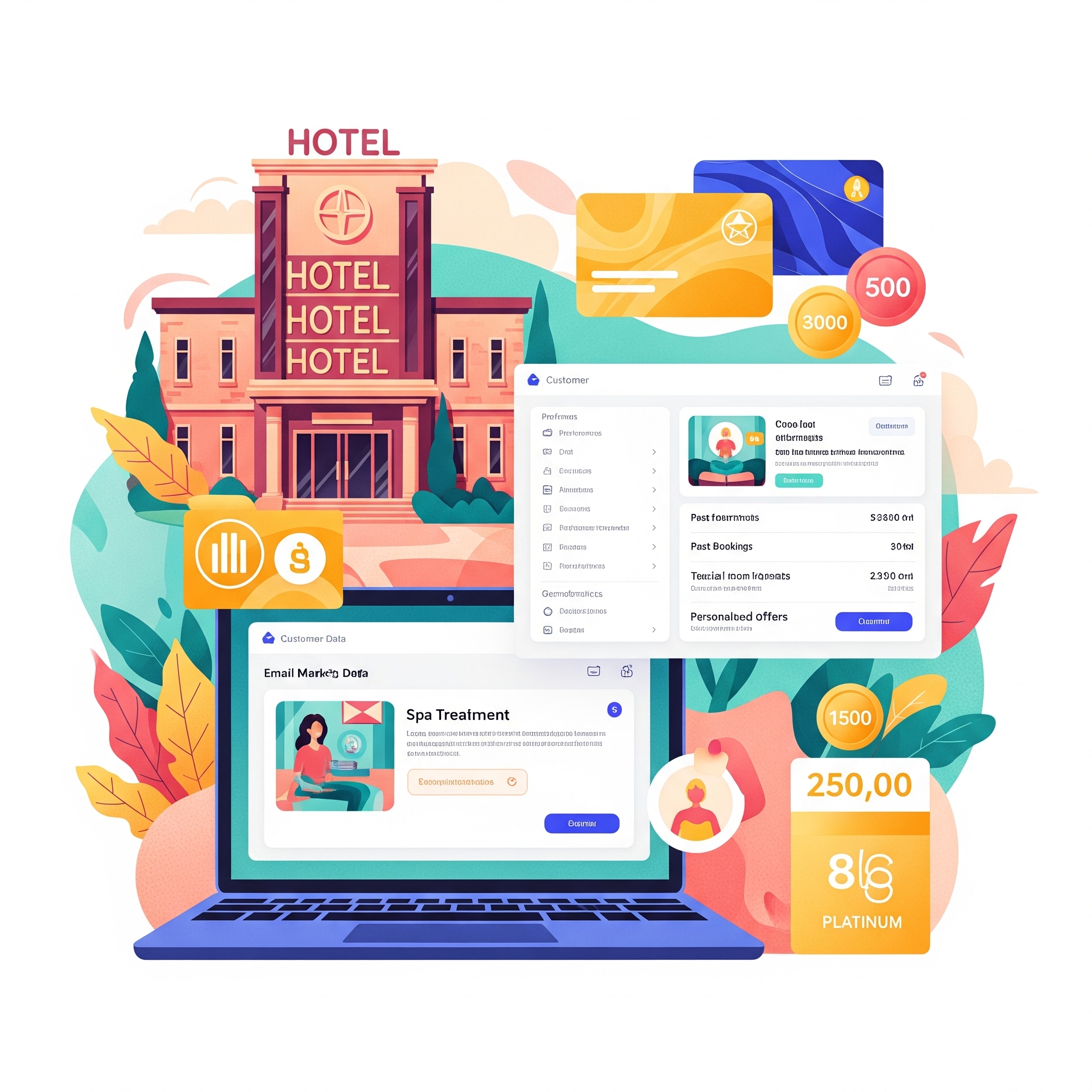 Campagnes e-mail marketing et gestion CRM hôtel Icônes d'enveloppe et de base de données, illustrant l'e-mail marketing personnalisé et les systèmes CRM pour la relation client hôtelière.