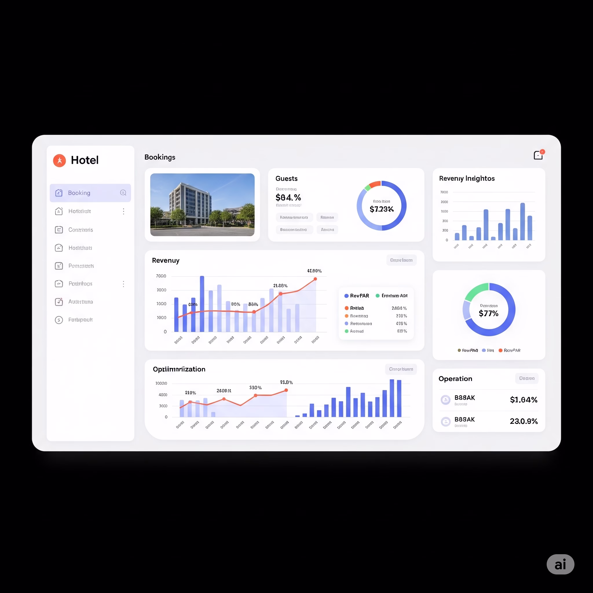 Tableau de bord d'analyse de données hôtelières présentant des graphiques de réservations, comportement client et optimisation des revenus.