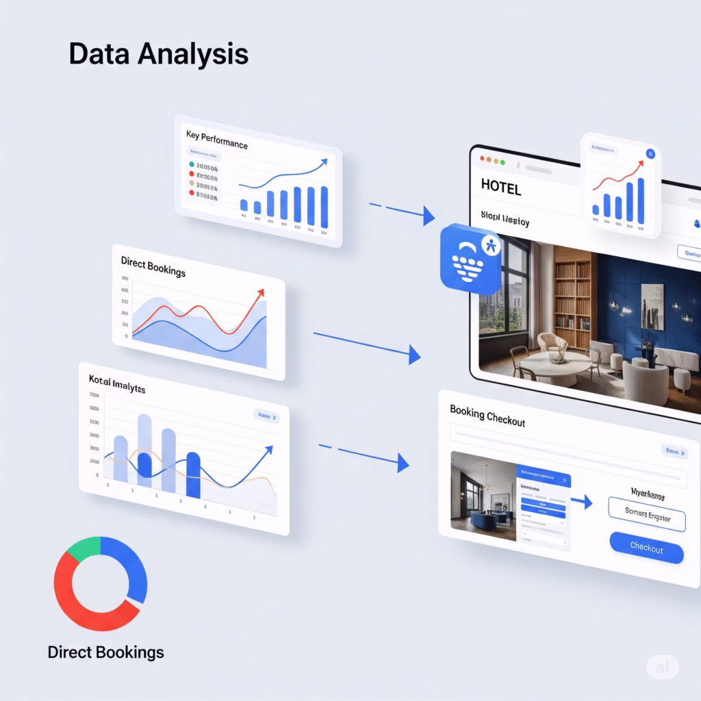 Visualisation des données d'analyse web menant à une augmentation des réservations directes pour un hôtel, avec des graphiques de performance et une interface de site de réservation