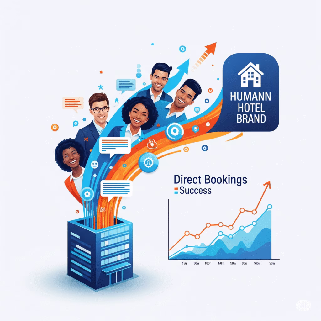 Représentation de l'impact des données transformant une marque d'hôtel, augmentant la fidélité client et les réservations directes avec une courbe de croissance.