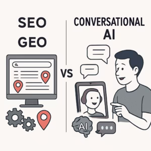 SEO vs GEO : Illustration du référencement classique face à l’intelligence artificielle conversationnelle Visuel inédit comparant le SEO traditionnel (référencement sur moteurs classiques) au GEO, nouvelle optimisation pour l’IA générative et les moteurs conversationnels. Parfait pour accompagner un article sur l’évolution du référencement web à l’ère de l’intelligence artificielle.